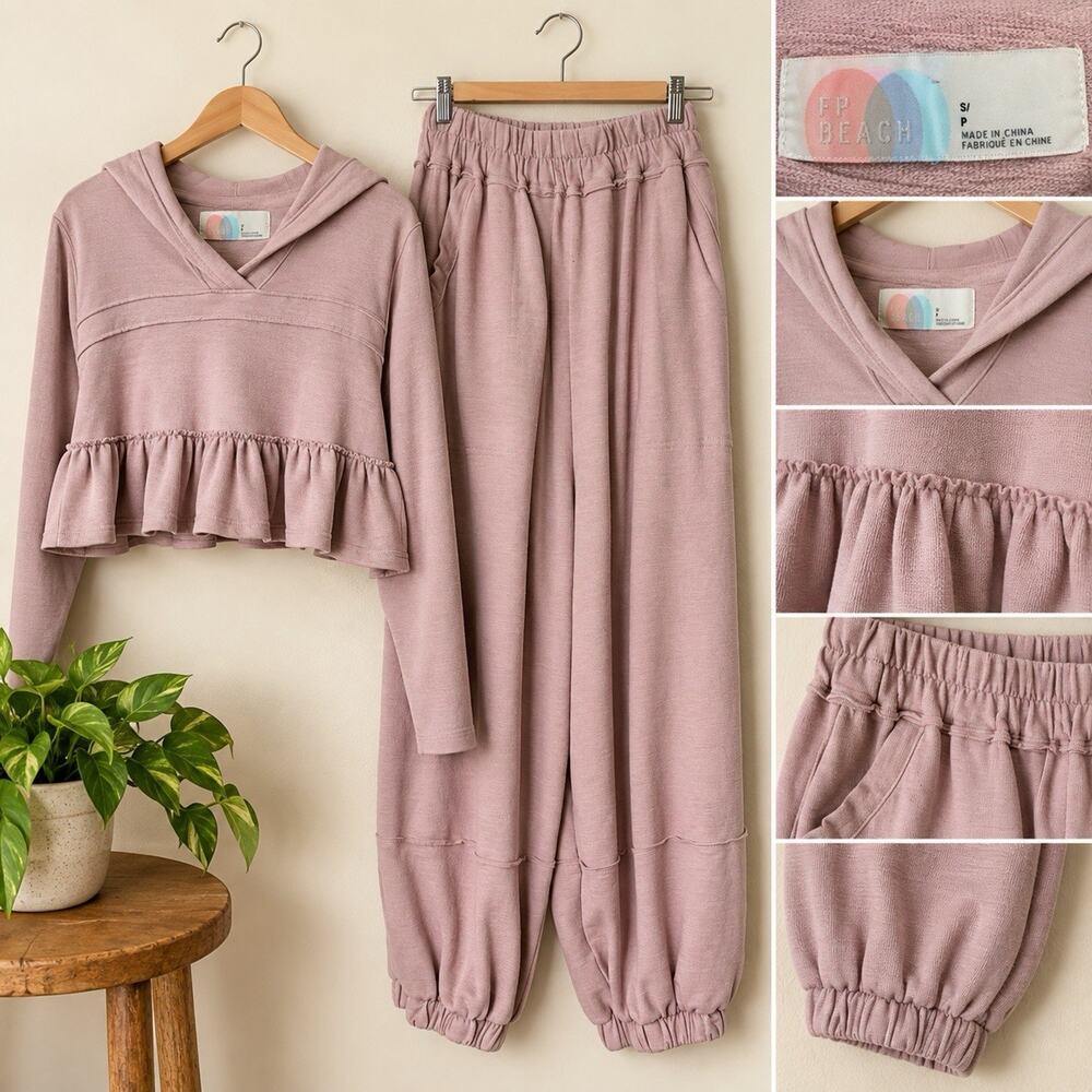 Free People FP Beach Tessa Lounge Set Women’s S Mauve Ruffle Hoodie Jogger